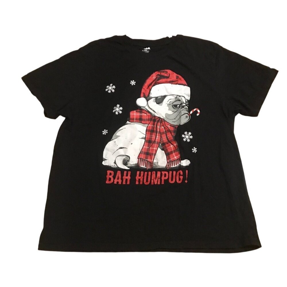 Bah Humpug Christmas Graphic T-Shirt L/G Black Cotton Pug Dog Cotton Unisex